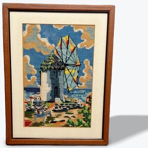 Vintage Framed Needlepoint Windmill Coastal Scene 16x12 MidCentury Hand Stitched